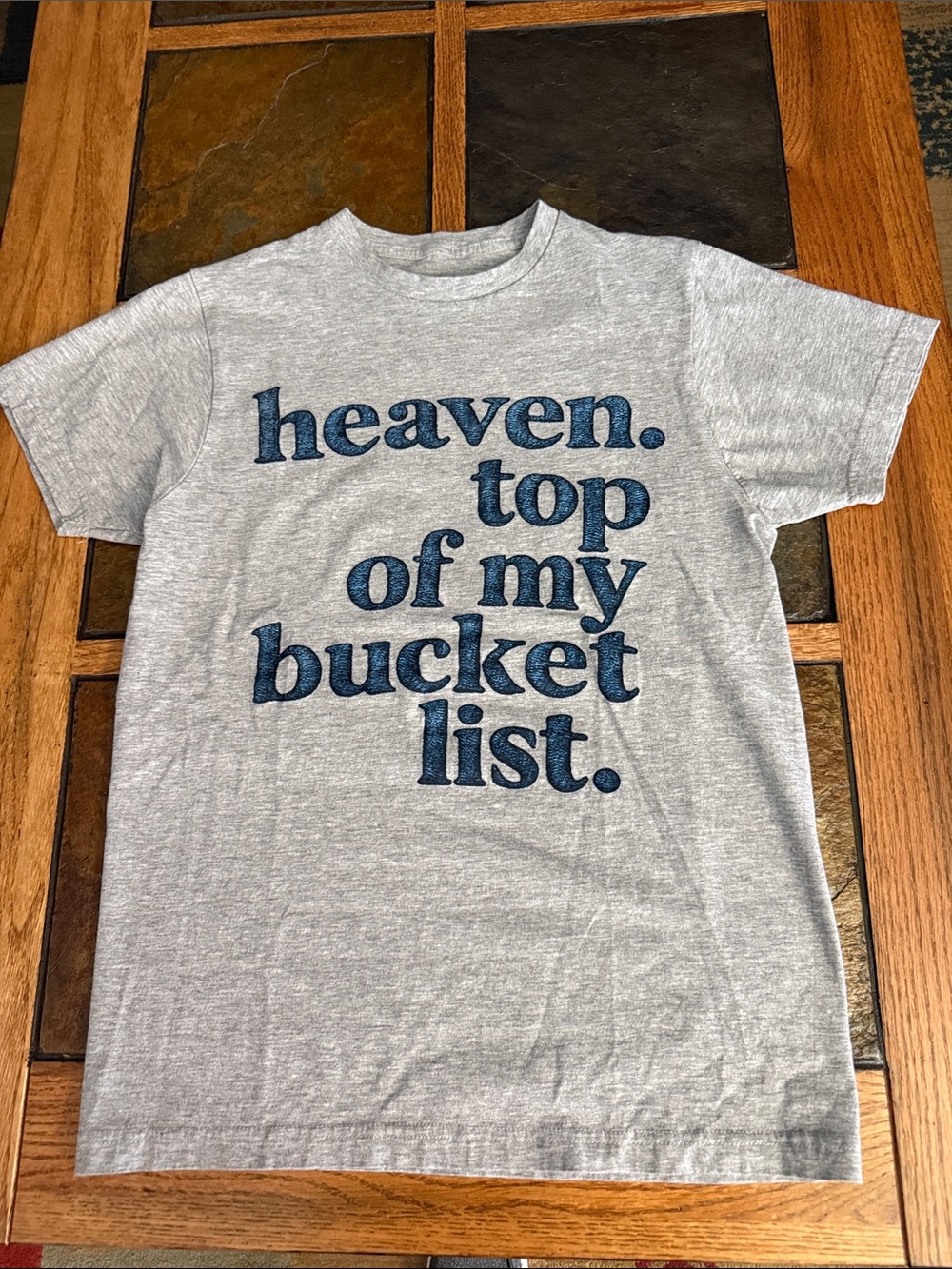 Gray Graphic Short Sleeve Tee with Blue Text